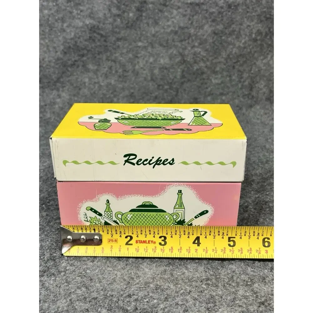 Vintage 1950s Ohio Art Metal Recipe Box Tin Litho Pink Yellow Retro Mid Century